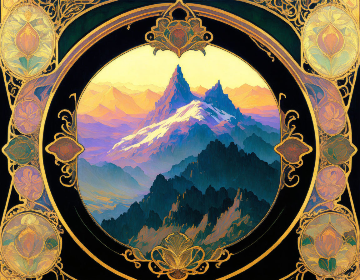 Mountain Range Artwork with Floral and Geometric Borders