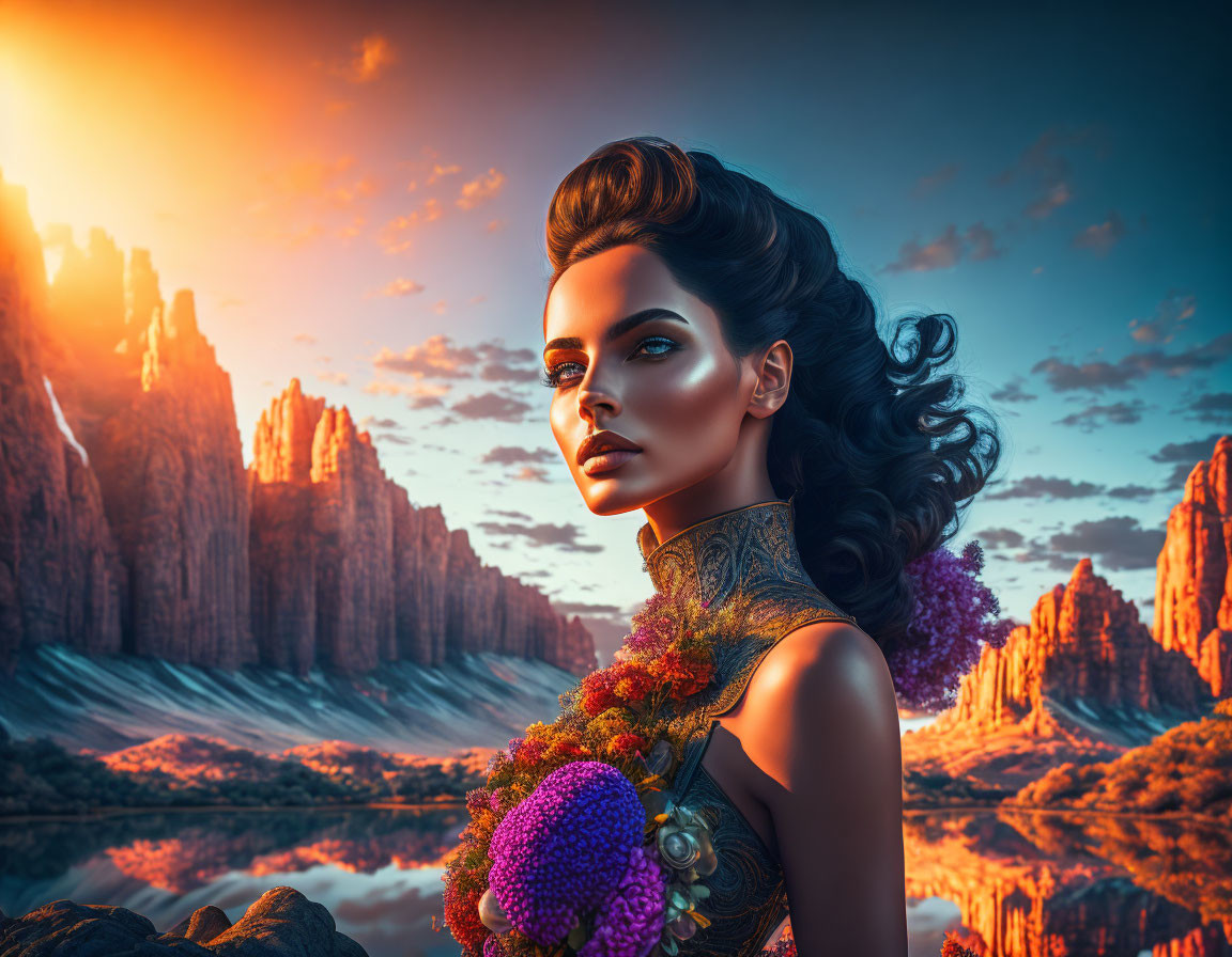 Digital artwork: Woman with elegant makeup in embellished attire against dramatic sunset and rocky landscape