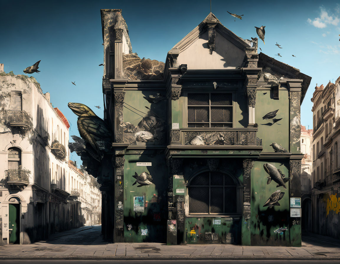 Photorealistic street mural of dilapidated building with oversized pigeons