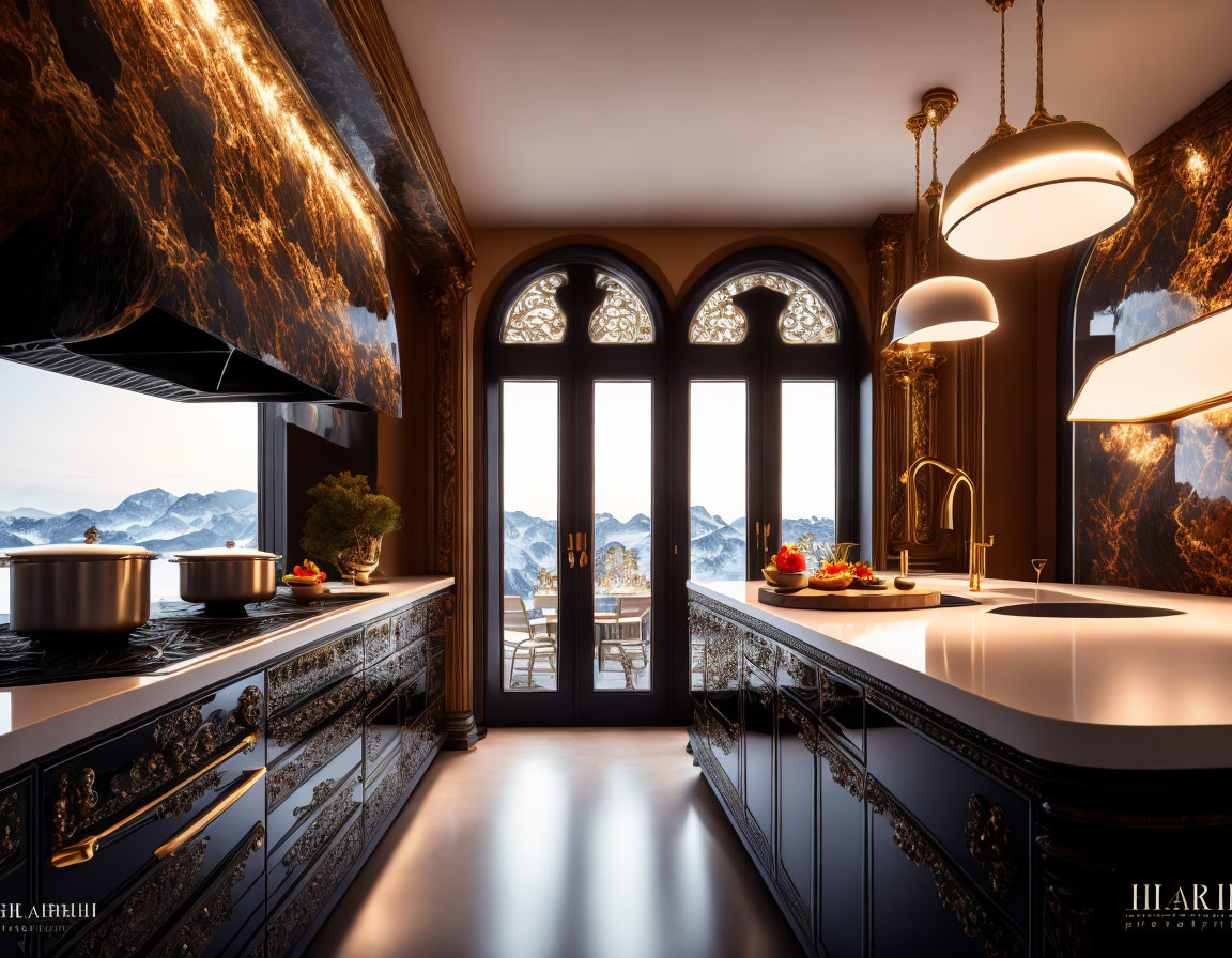 Elegant Kitchen with Black Cabinetry, Marble Countertops, and Mountain View