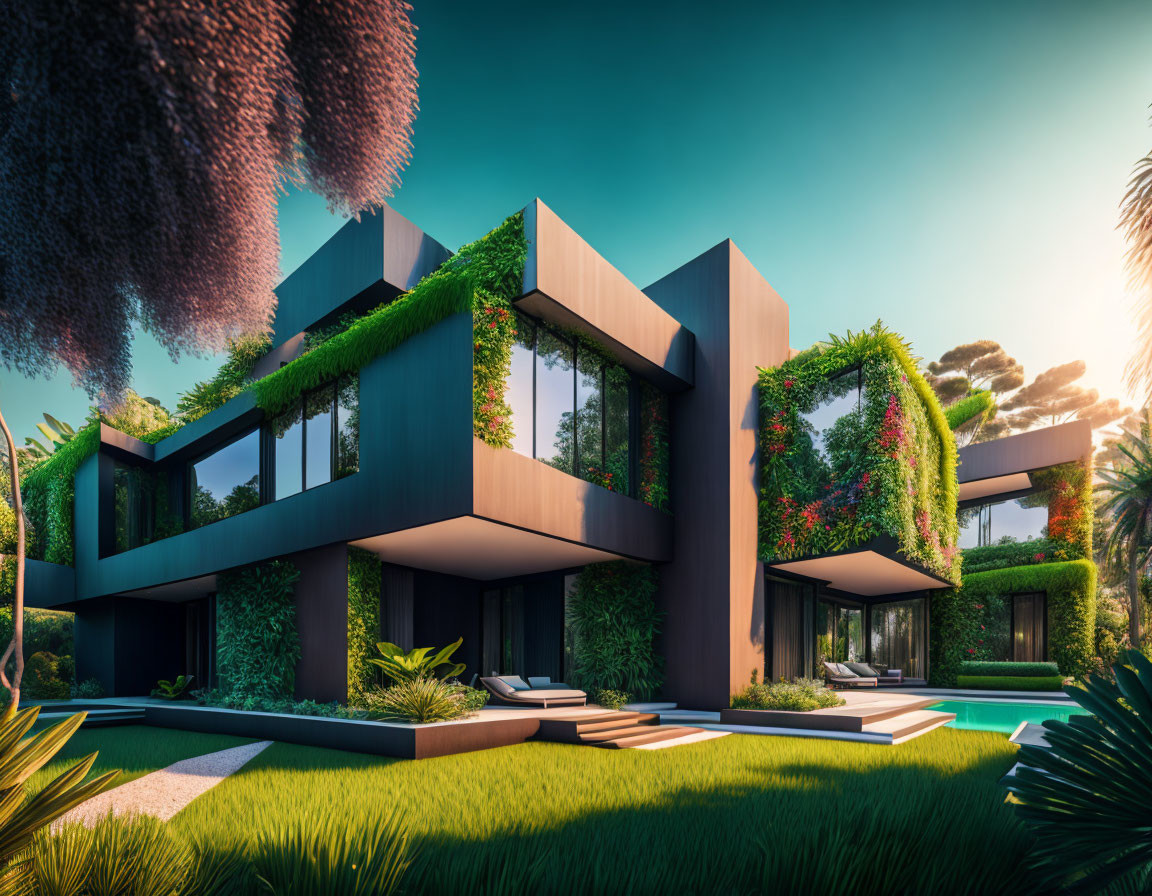 Geometric Design Modern House with Pool and Greenery at Sunset