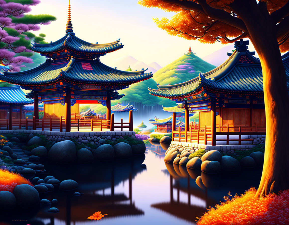 Colorful Stylized Asian Sunset Scene with Ornate Buildings