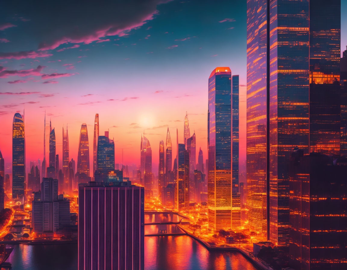 Futuristic city skyline at sunset with pink and orange hues reflecting on skyscrapers by river