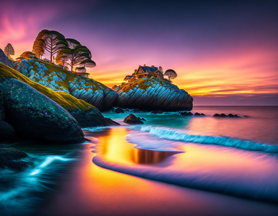 Tranquil ocean sunset with orange and purple skies, silhouetted palm trees, and smooth