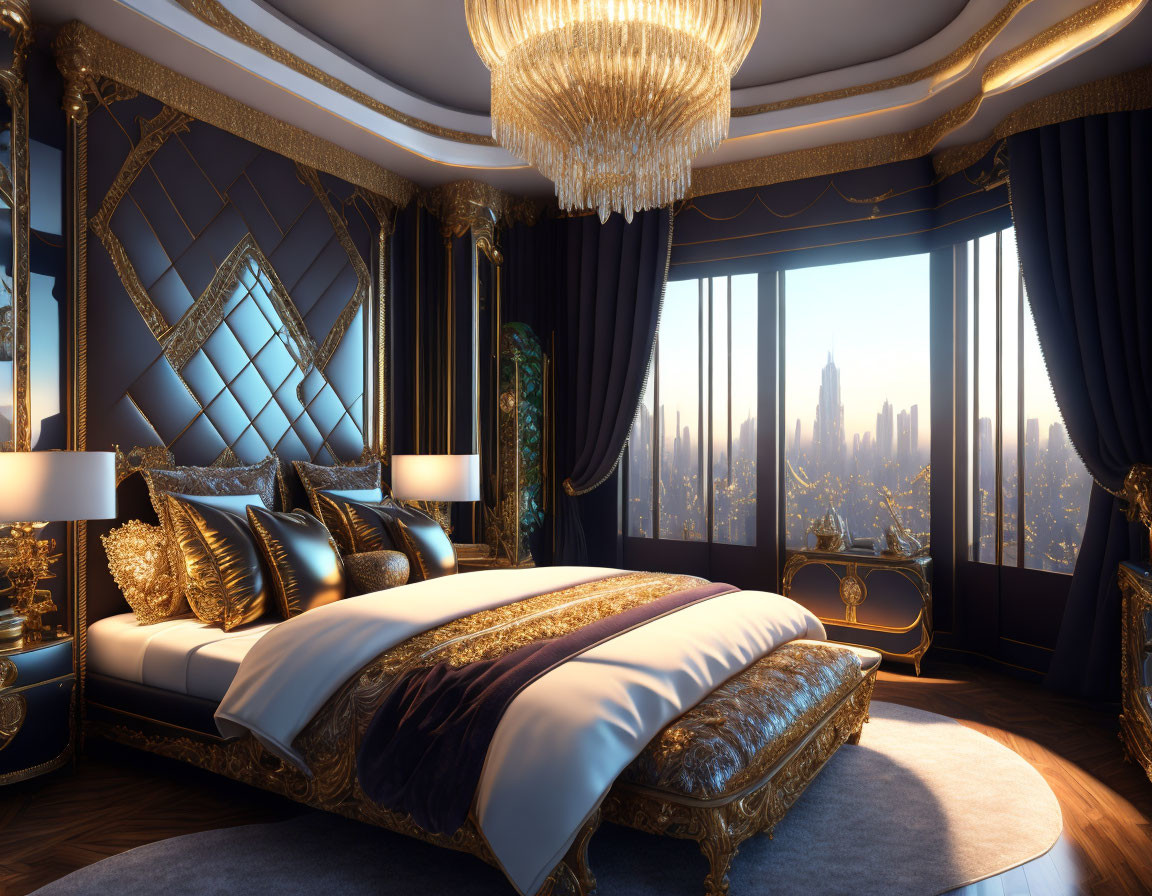 Spacious bedroom with large bed, golden accents, crystal chandelier, and city view.