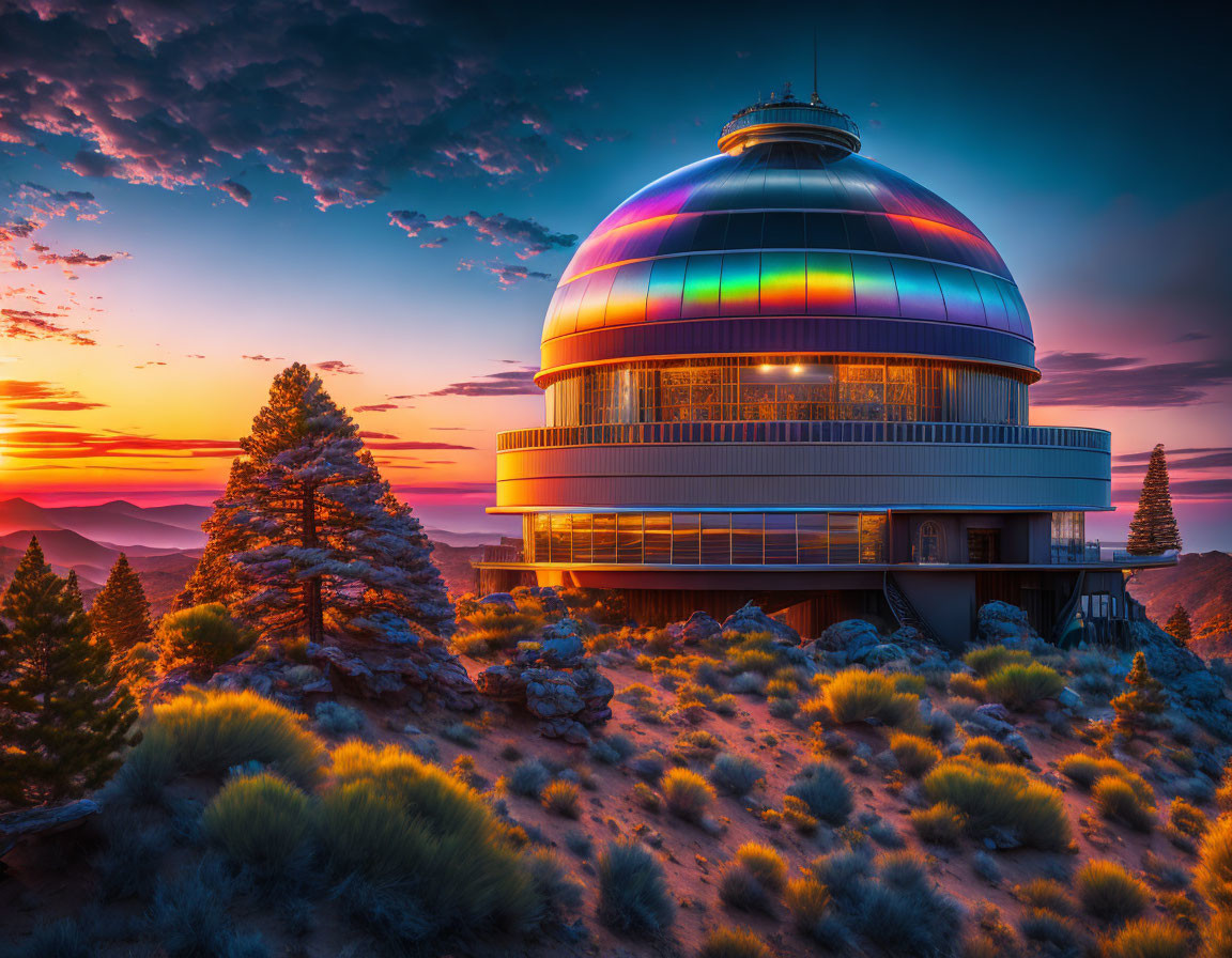 Vibrant sunset observatory with glowing dome in serene landscape