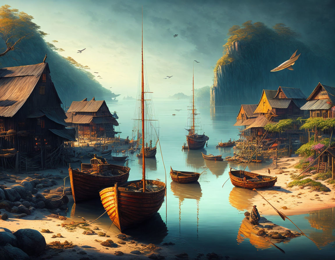 Rustic stilt houses by calm river, wooden boats, towering cliffs, flying birds, soft