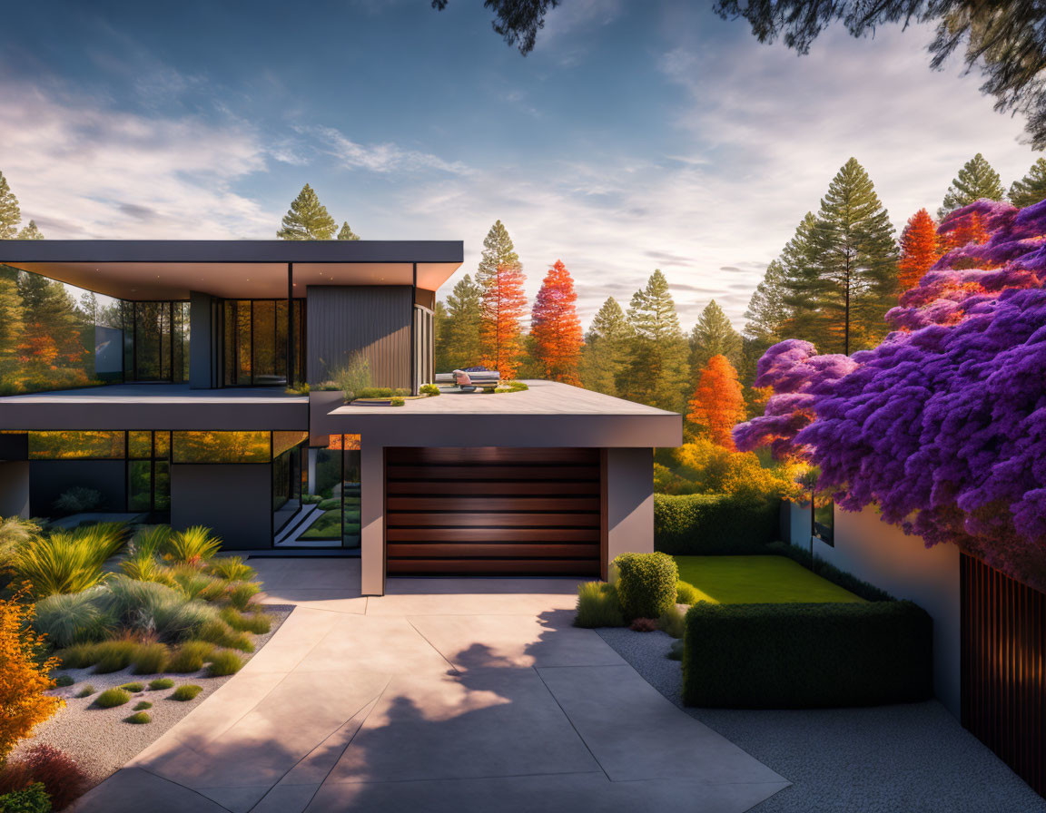 Contemporary two-story house with large windows, flat roofs, garage, and colorful purple trees.