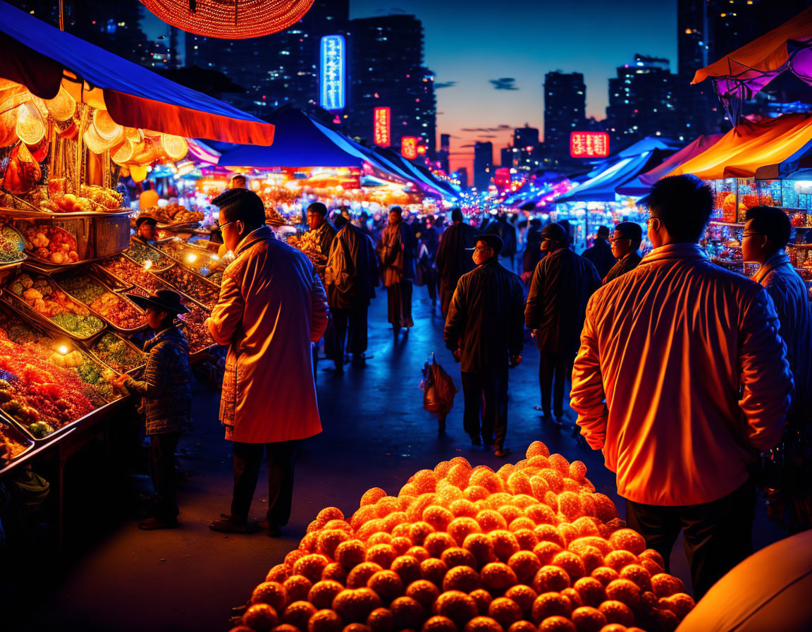 Vibrant night market with crowded stalls and fruit vendors