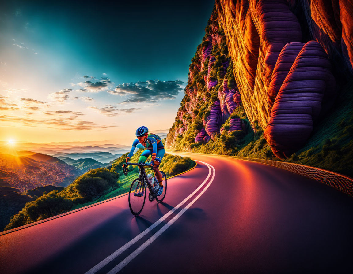 Cyclist in blue gear on winding road at sunset with vibrant rock formations