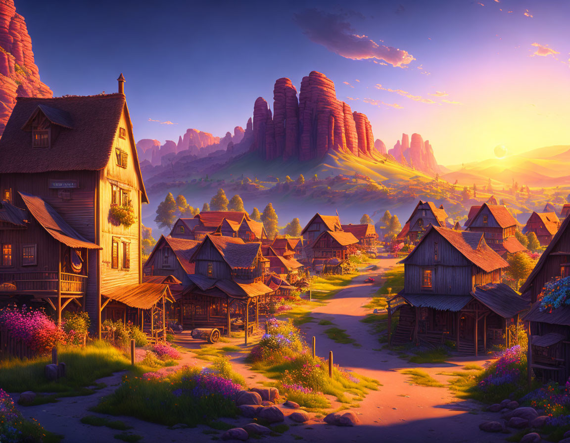 Thatched-Roof Village in Rolling Hills at Sunset