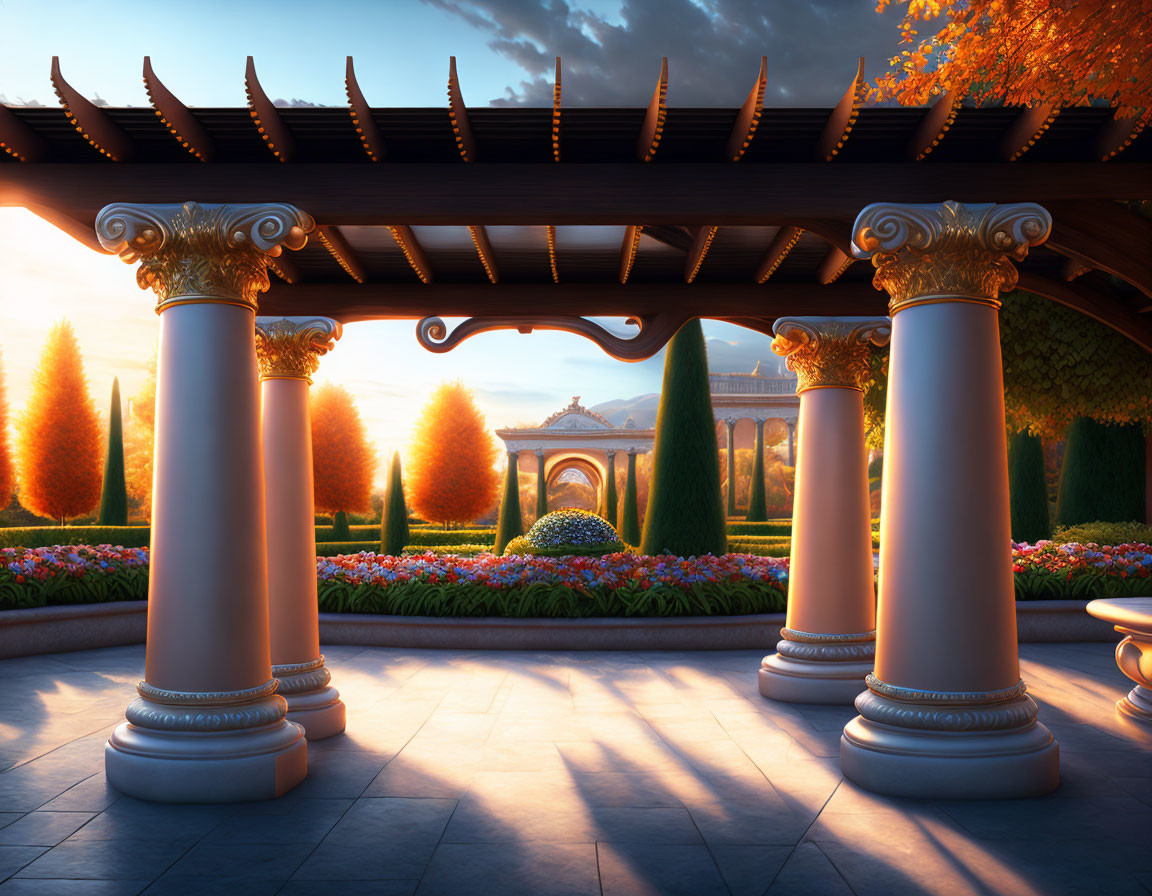 Serene garden with classical-style pillars and trimmed hedges