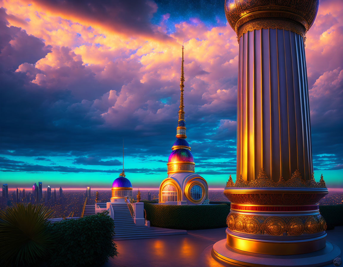 Twilight cityscape with golden domes, spires, greenery, and vibrant sky