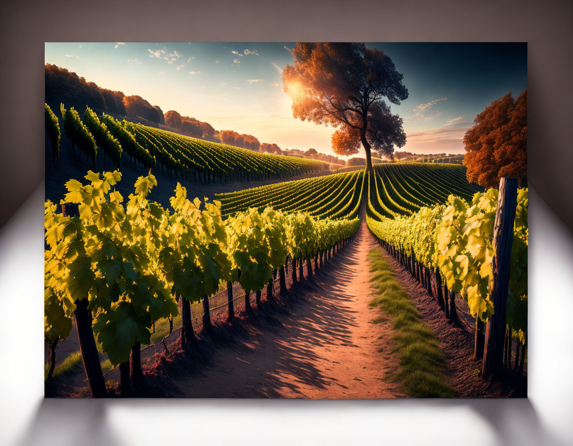 Vineyard rows at sunset with lone tree in golden light