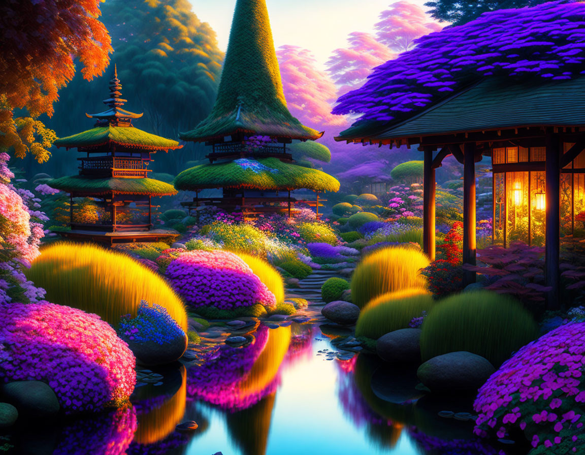 Lush Foliage, Purple Flowers, Tranquil Pond, Pagoda, Japanese Structure in Golden