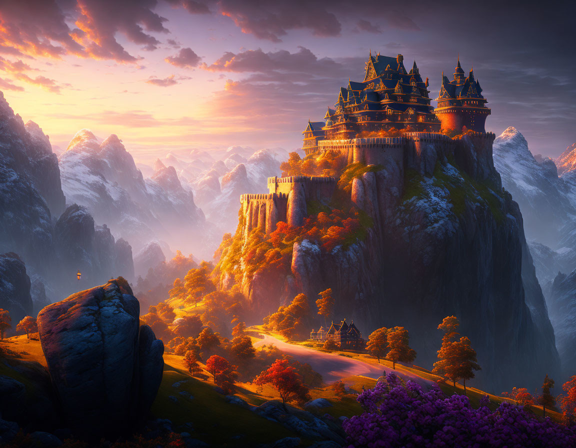 Majestic castle on cliff with winding road, mountains, sunset sky