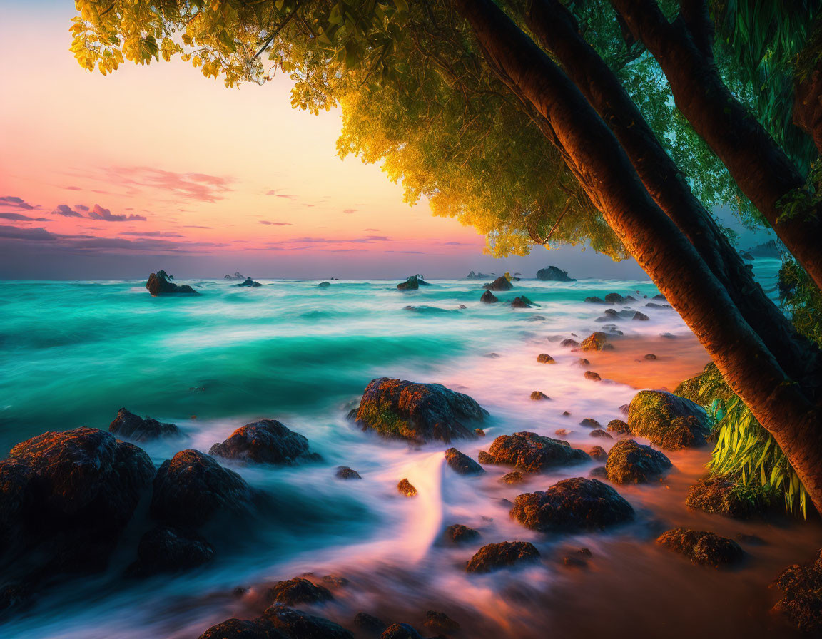 Vibrant orange and teal sunset over rocky beach with overhanging trees