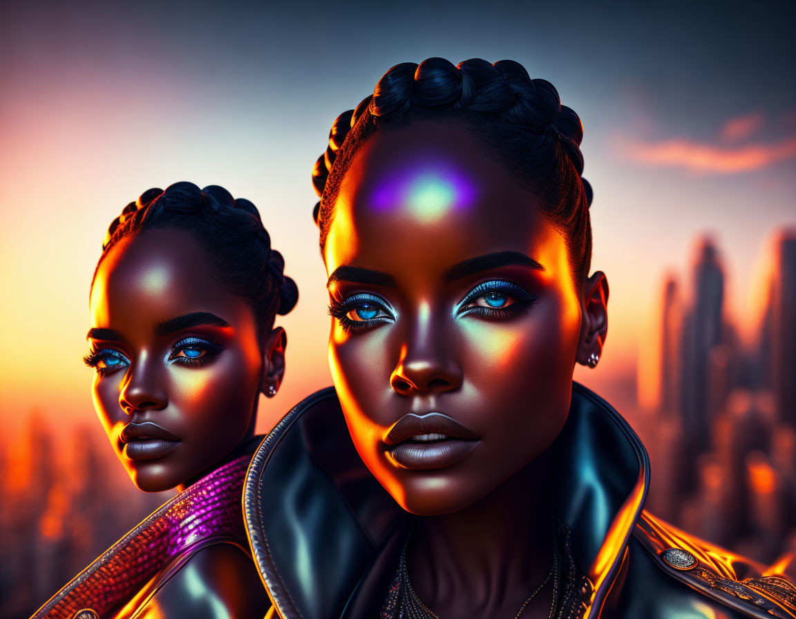 Stylized digital art: Radiant women in futuristic cityscape