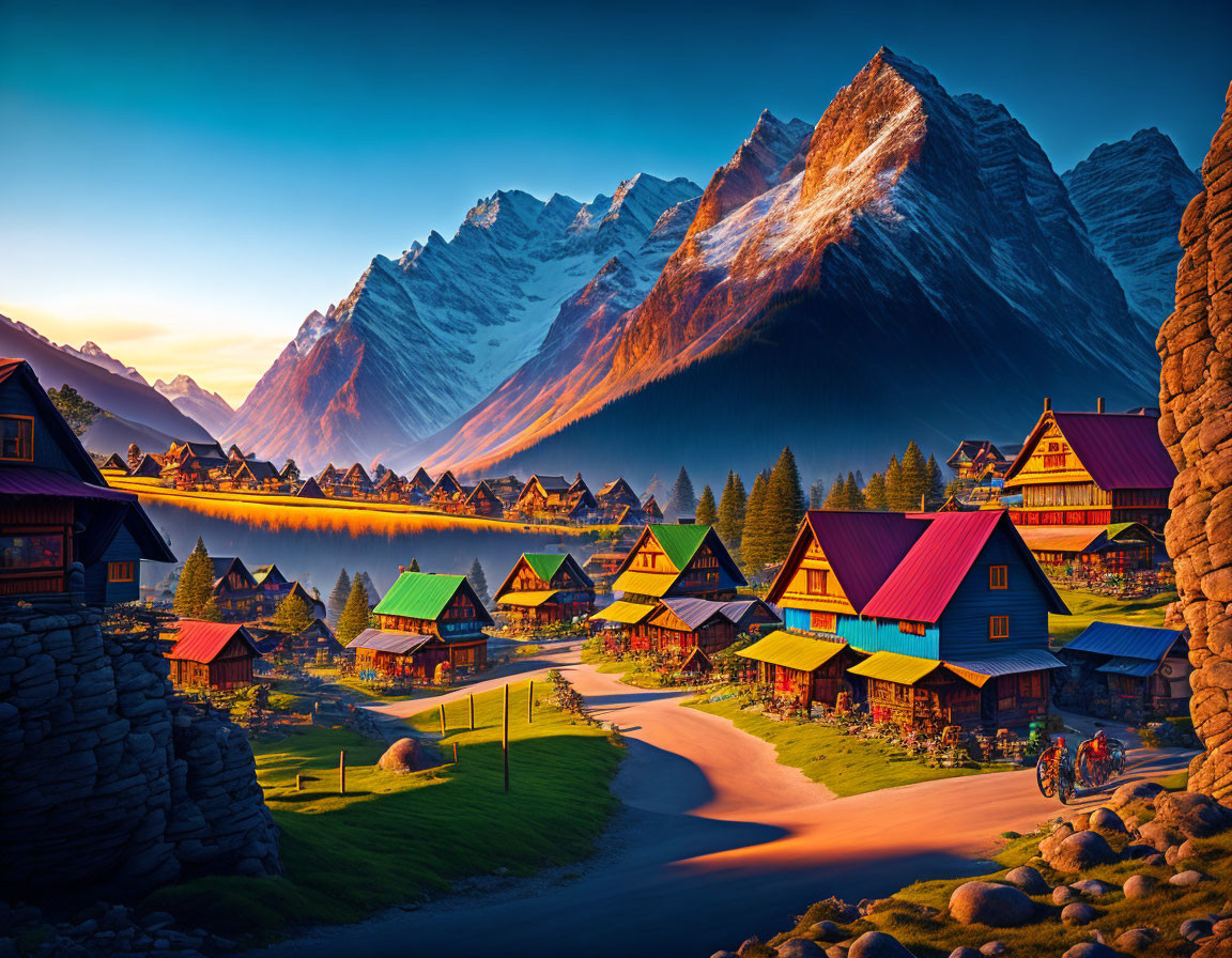 Scenic village with colorful houses by lake and snow-capped mountains at sunrise or sunset