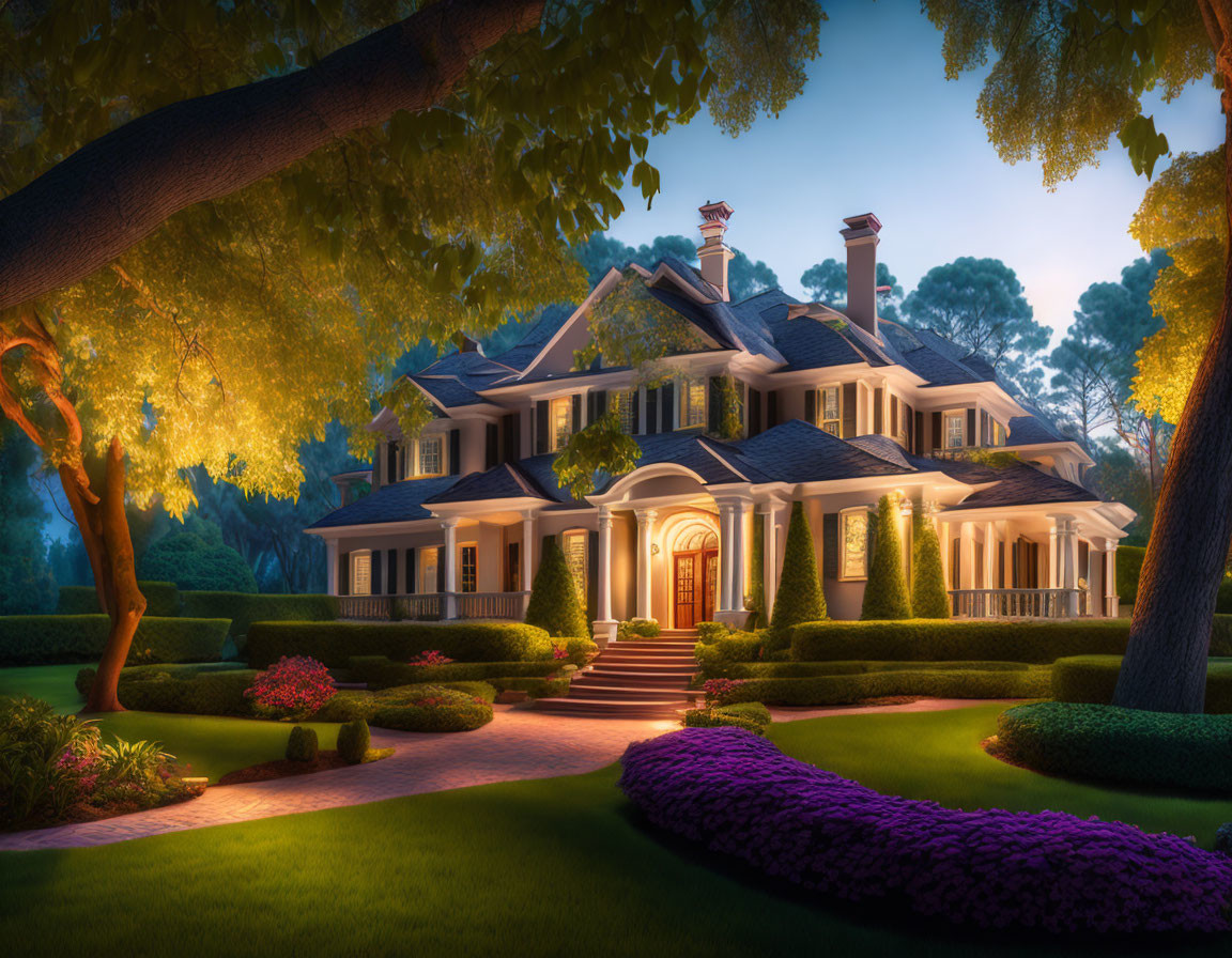 Twilight view of luxurious estate with illuminated windows