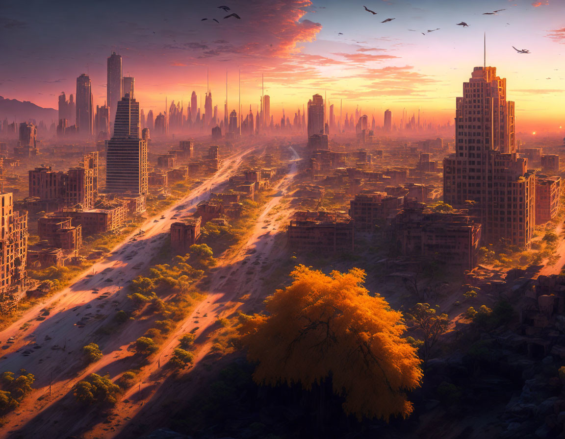 Post-apocalyptic cityscape with overgrown buildings, yellow tree, and birds at sunrise