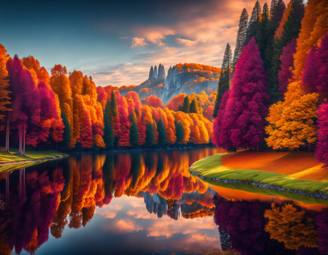 Autumn Landscape: Trees, Lake Reflection, Rocky Mountain, Sunset