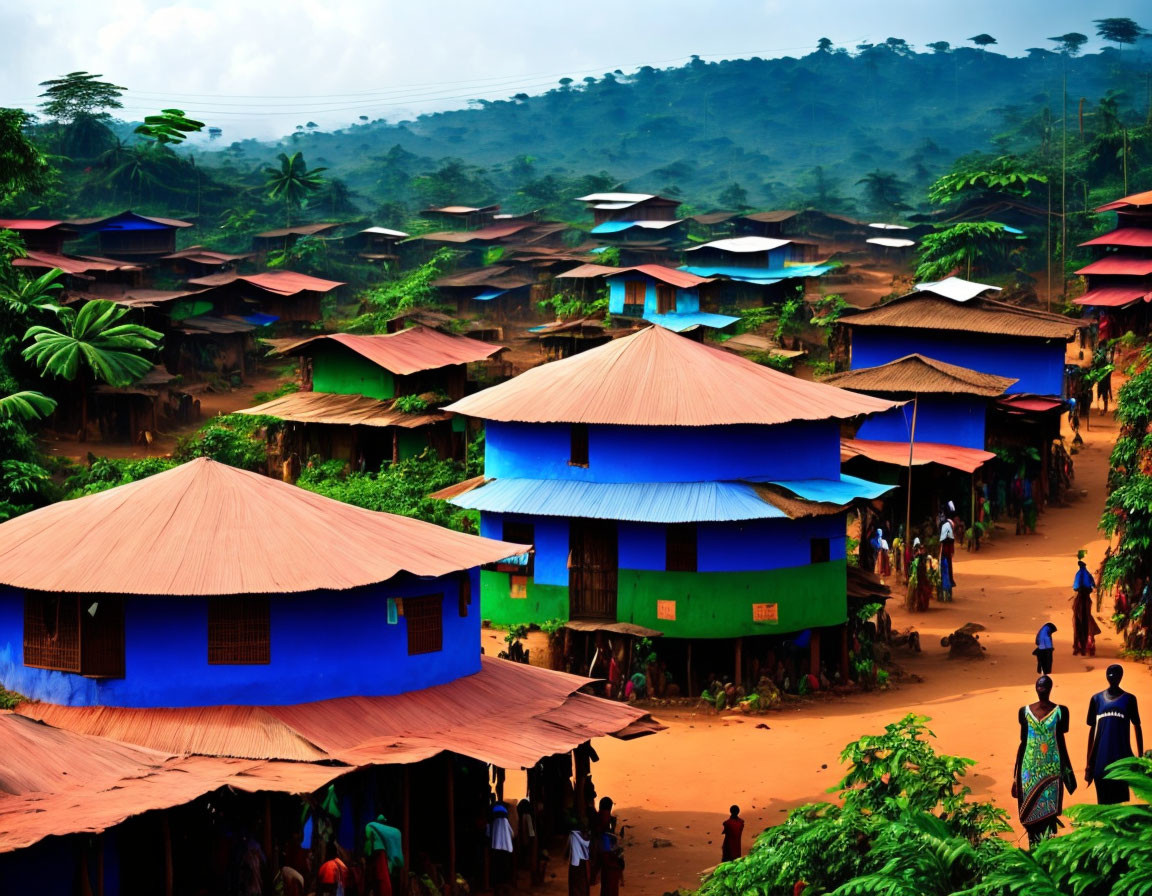 Colorful Round Houses in Vibrant Rural Village Amid Lush Greenery