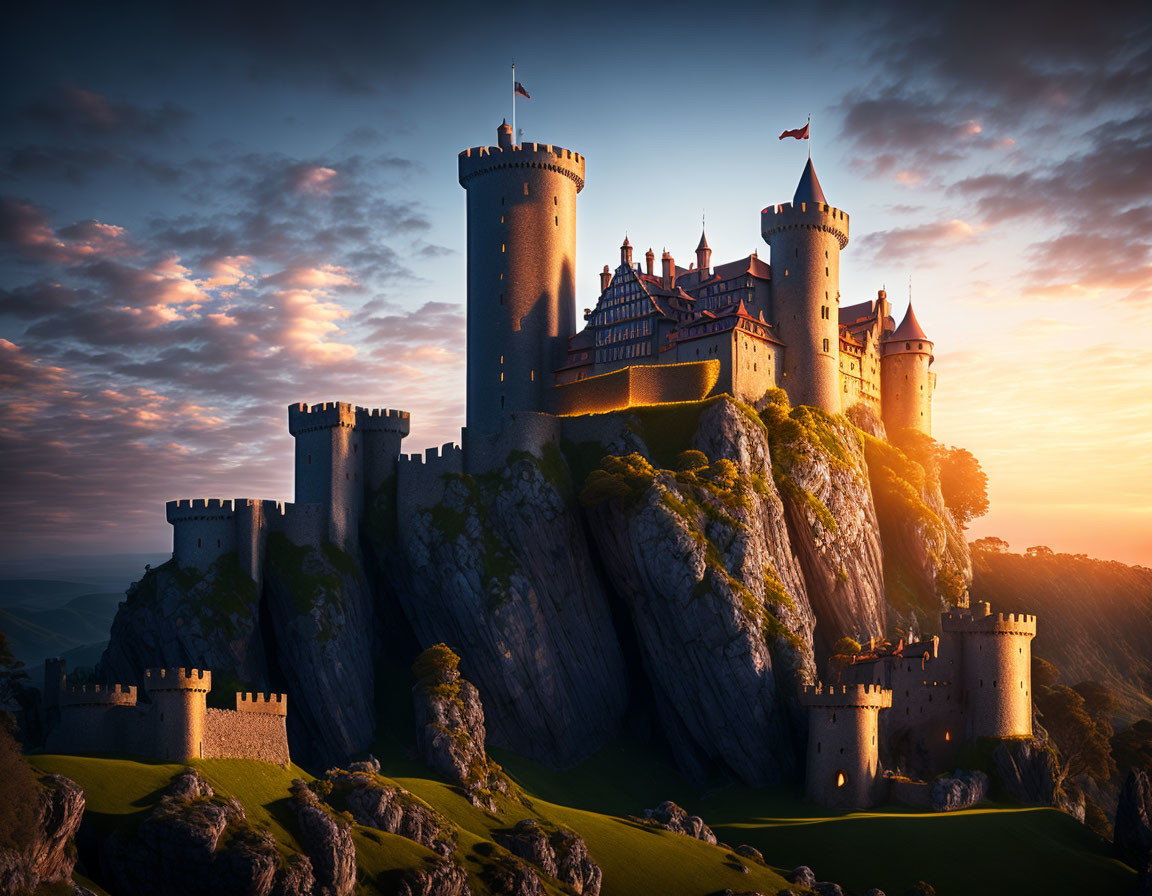 Majestic castle on craggy hill at sunset with towers and battlements