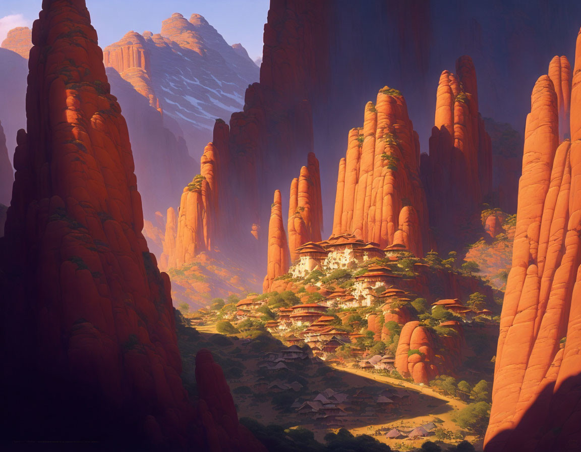 Serene Valley with Red Rock Formations and Hidden Settlement