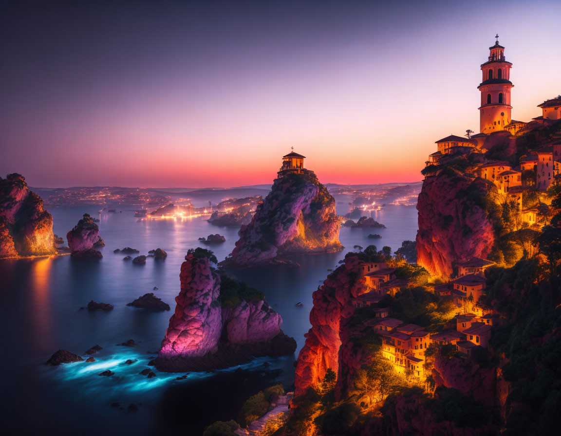 Coastal twilight scene with illuminated buildings, rocky islets, and vivid purple sky.