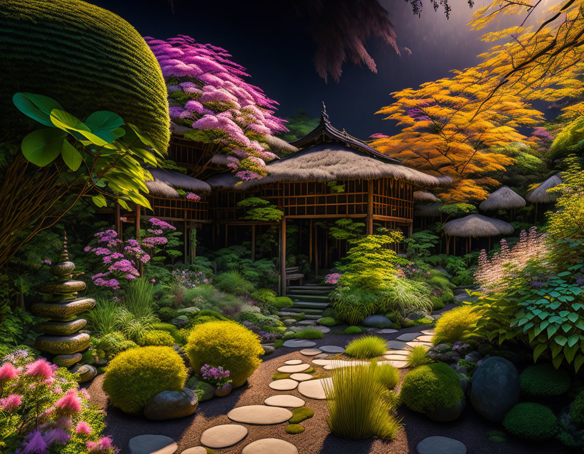 Japanese garden at twilight with vibrant flowers, stone path, lush trees, wooden pavilion