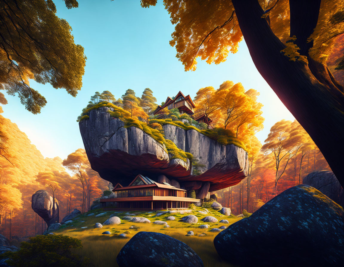 Asian-style buildings on mossy boulder in autumn forest under blue sky