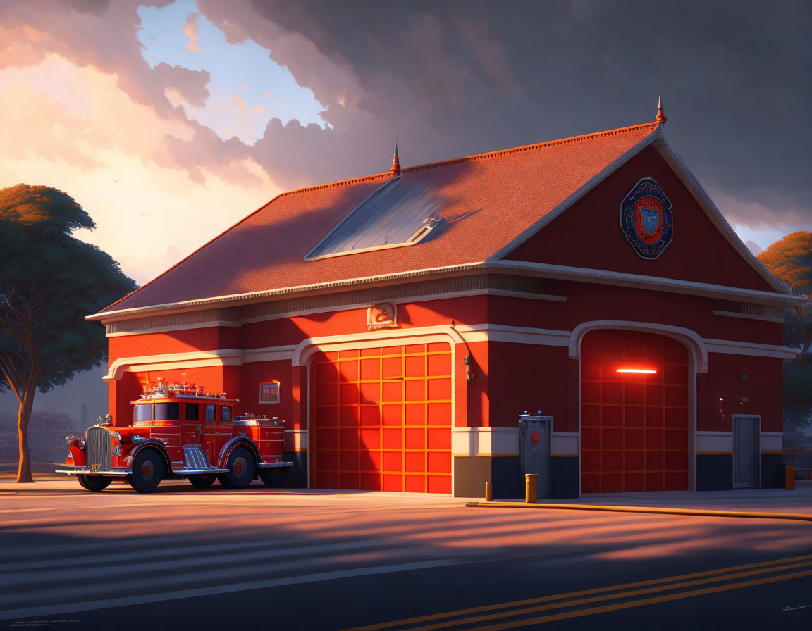 Digital artwork of fire station with red fire engine at sunset