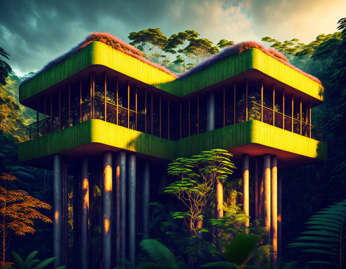 Eco-friendly house with green walls and grass roofs in lush tropical forest