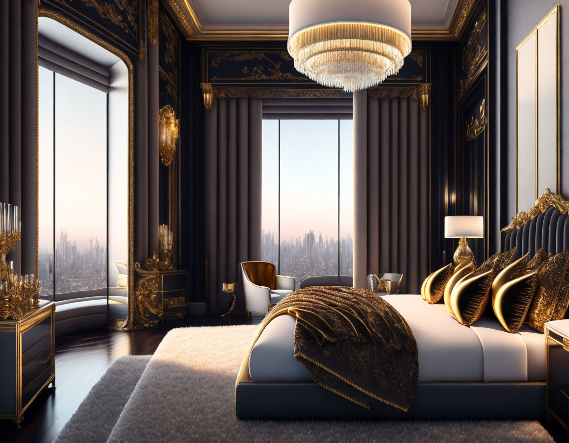 Elegant bedroom with gold-accented bed, chandelier, and city view