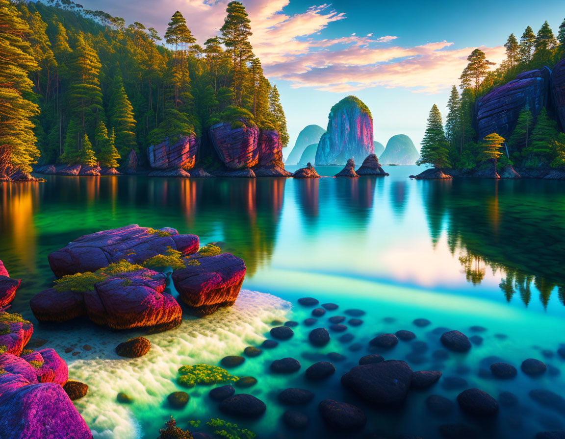 Colorful Rocks and Serene Lake in Vibrant Landscape