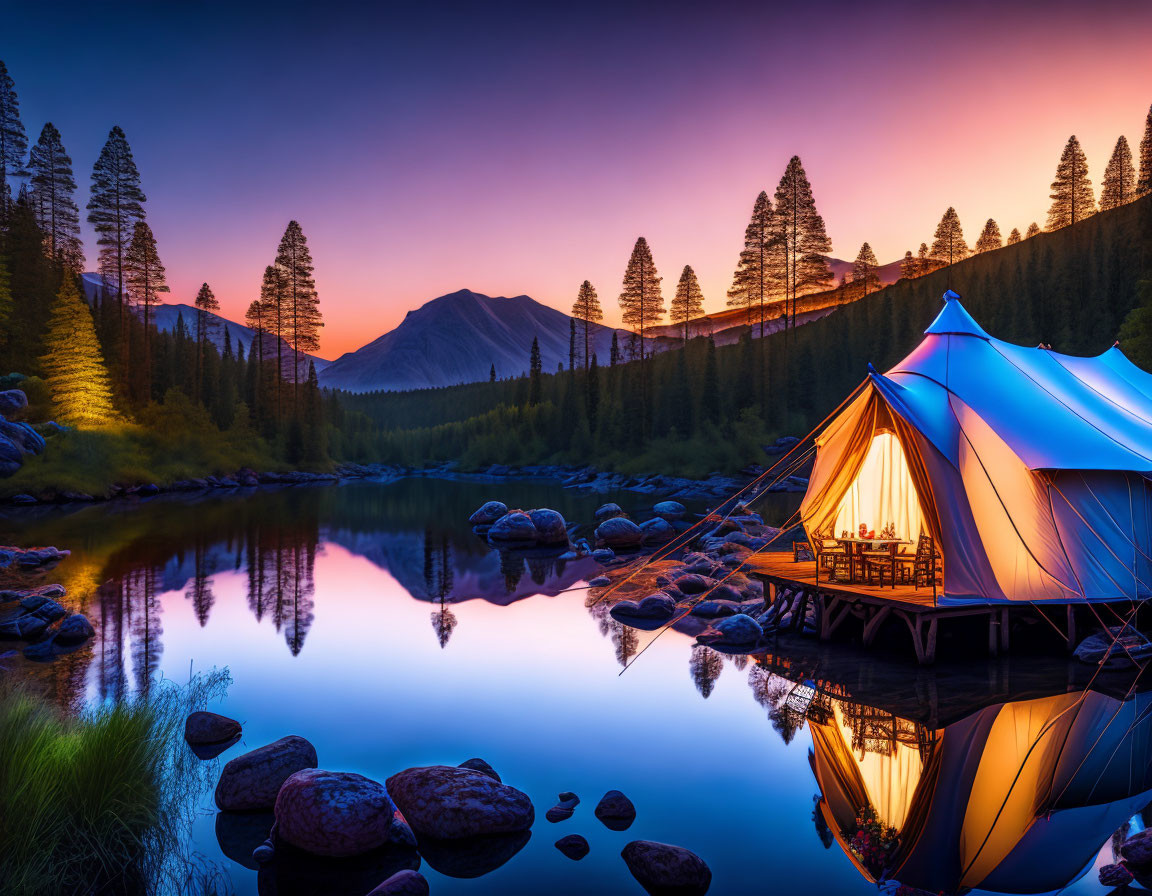 Tranquil lake tent scene with vibrant sunset reflection