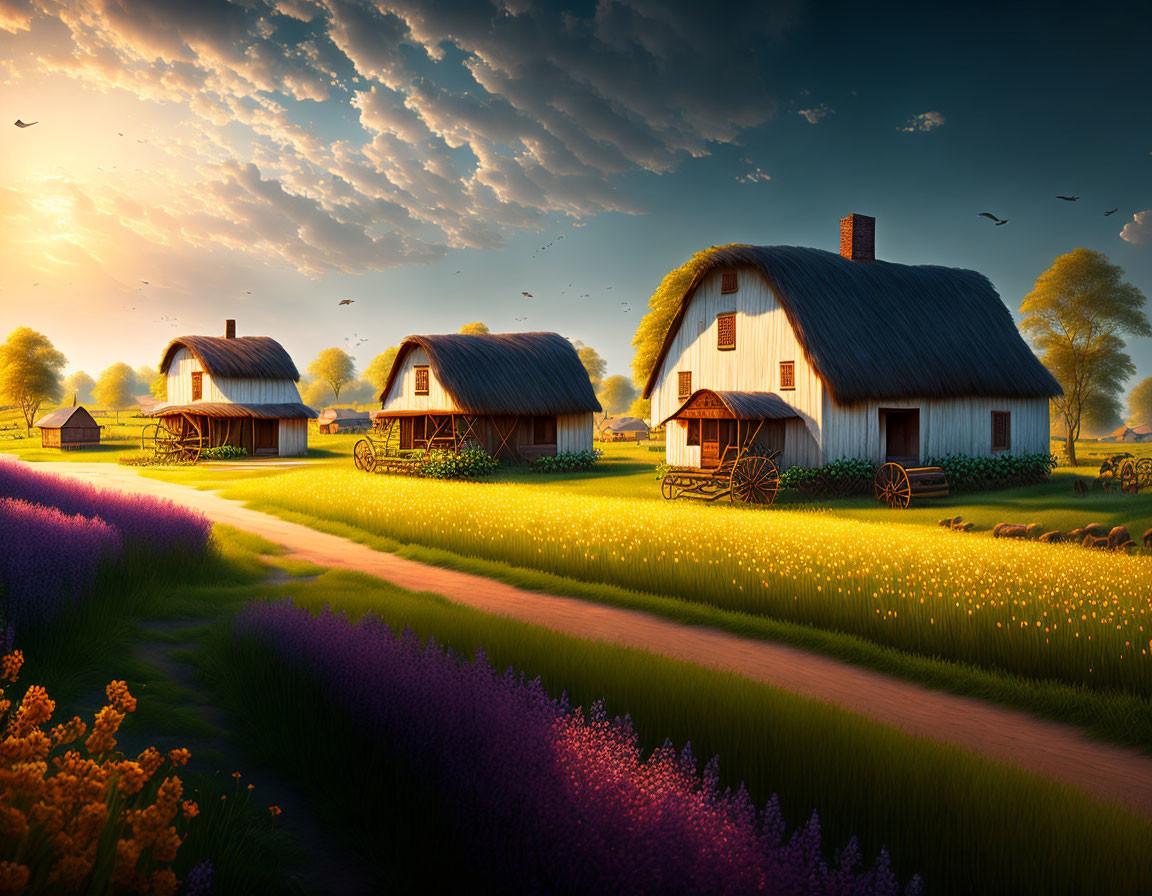 Tranquil rural sunset scene with thatched-roof cottages and vibrant flower path