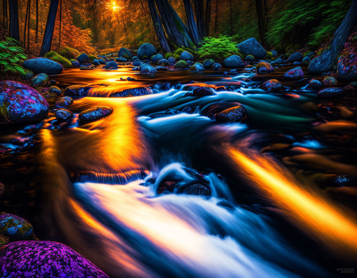 Tranquil Forest Stream with Autumn Light Reflections