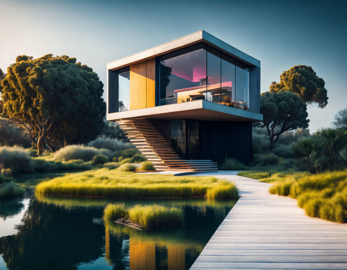 Glass house with wooden features by serene pond at sunset