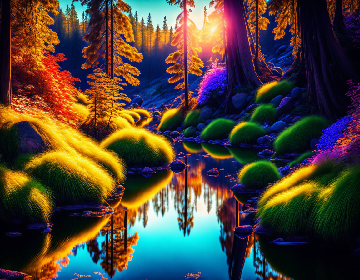 Surreal landscape with lush grass, colorful trees, reflective river