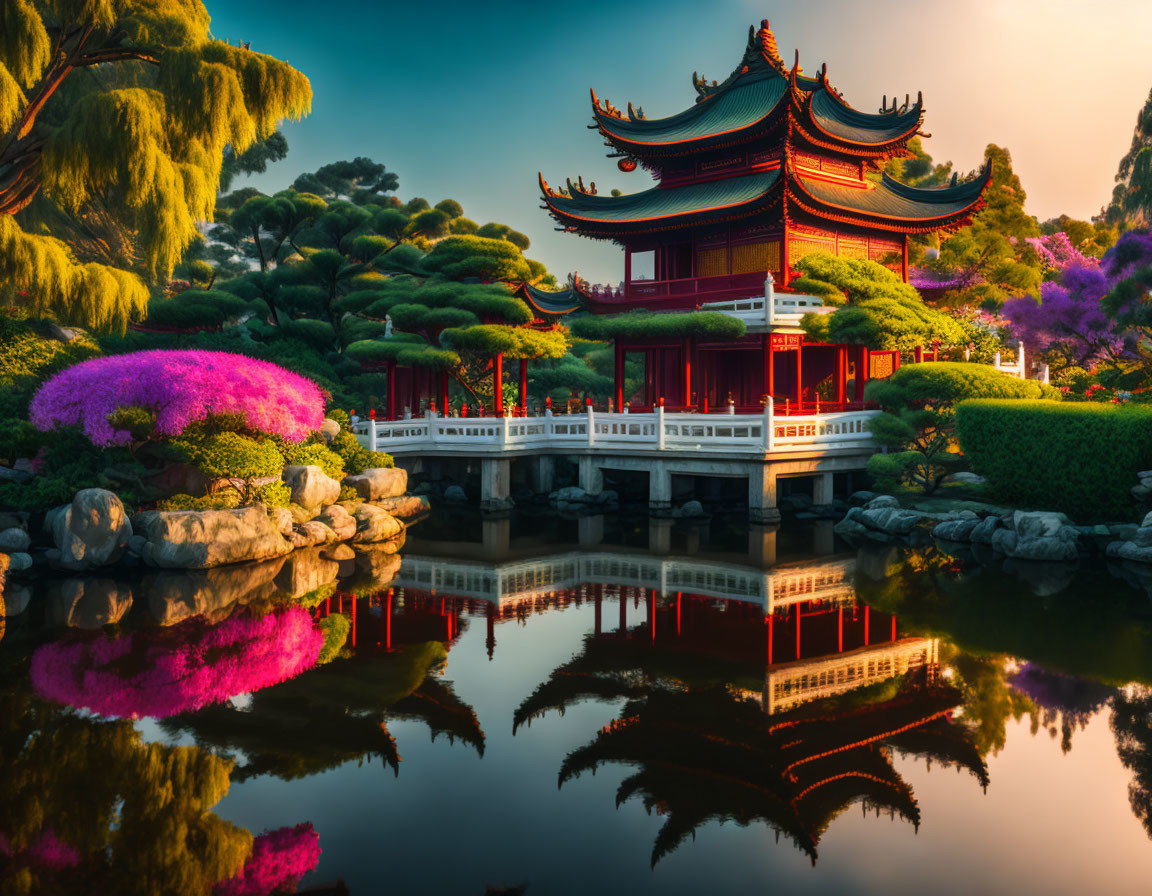 Traditional Chinese Pagoda by Calm Pond with Sunset Reflections