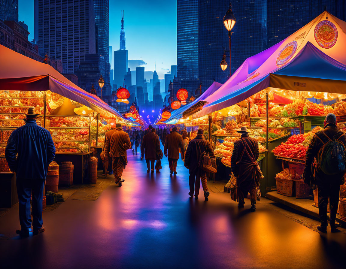 Vibrant outdoor market at twilight with illuminated stalls and bustling shoppers