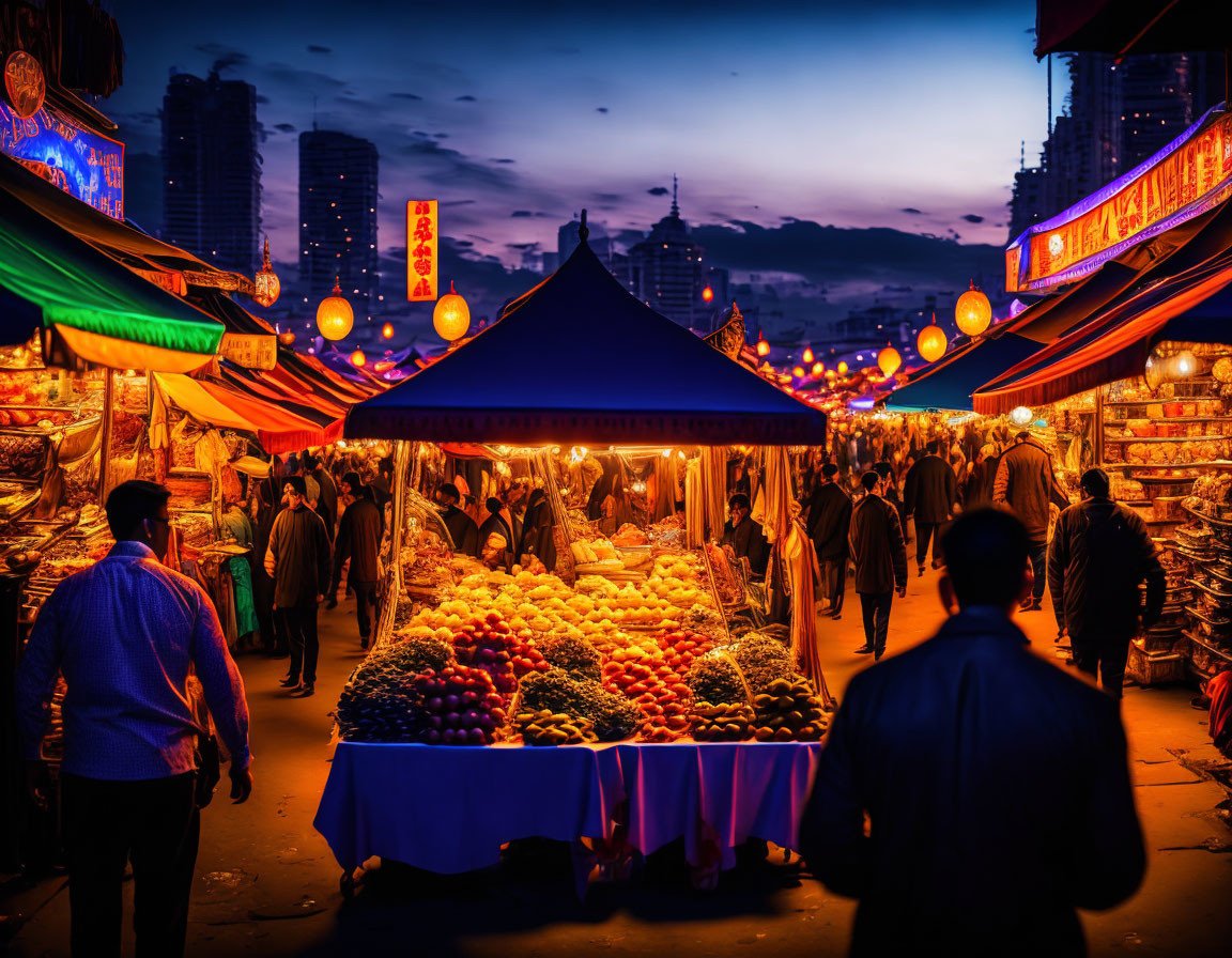 Colorful Night Market with Lanterns and Shoppers