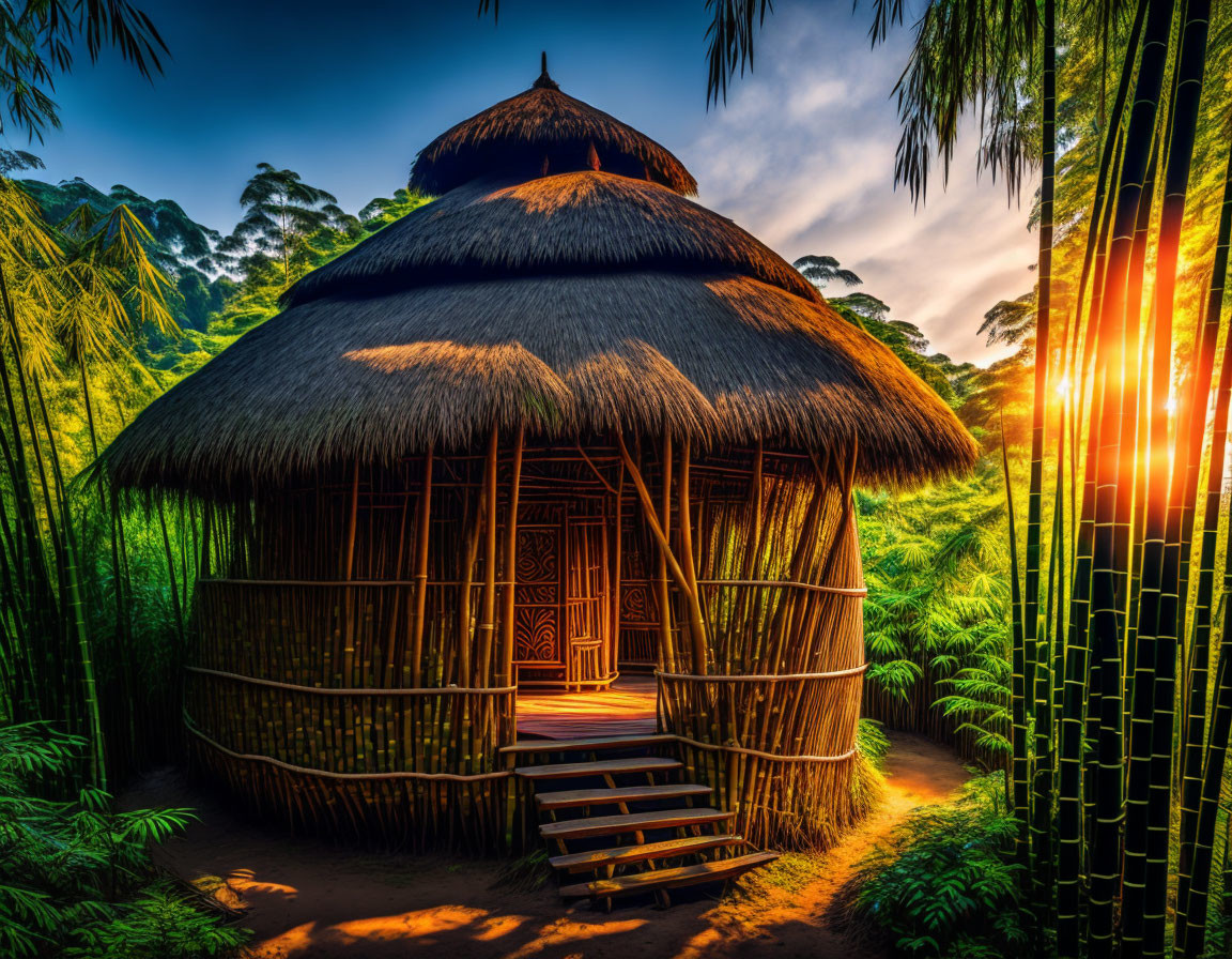 Bamboo Thatched Hut in Lush Greenery at Sunrise