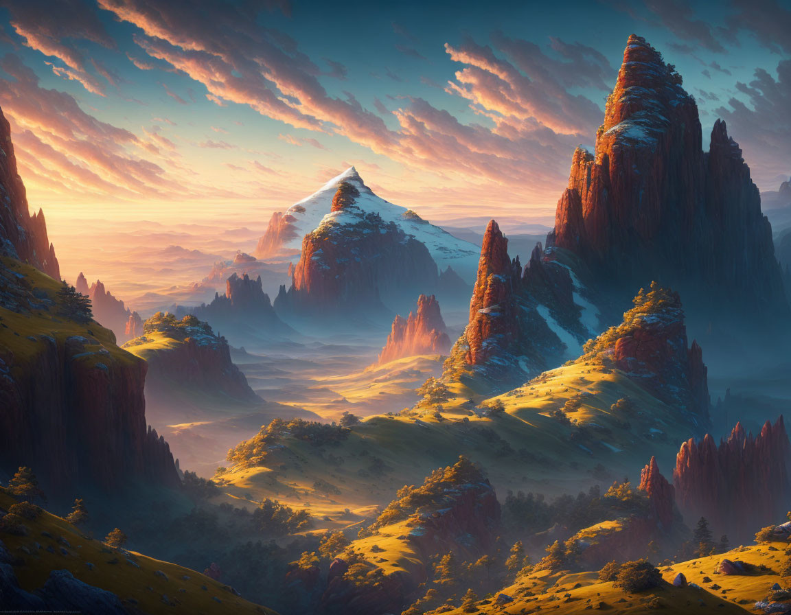 Majestic mountains and valley in golden light