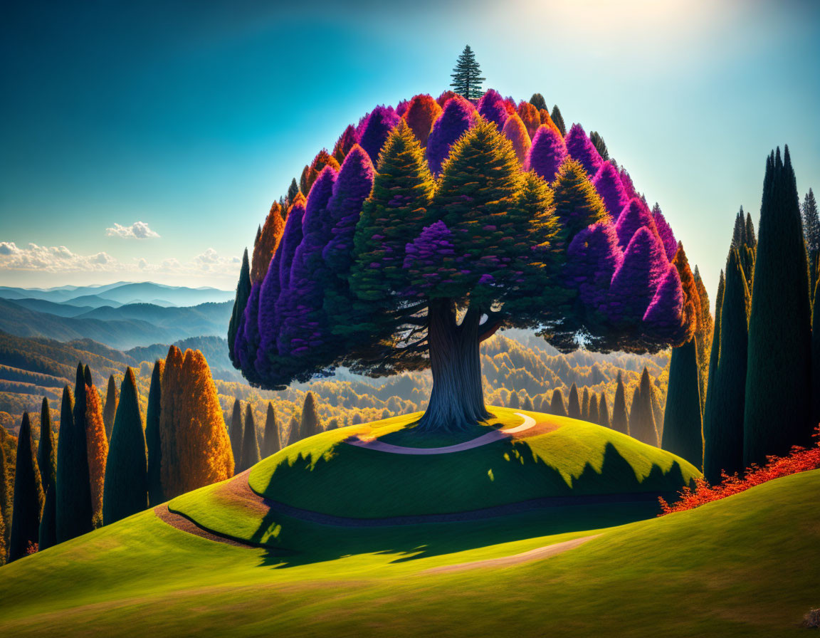 Colorful tree in fantastical landscape with coniferous trees on hill under blue sky