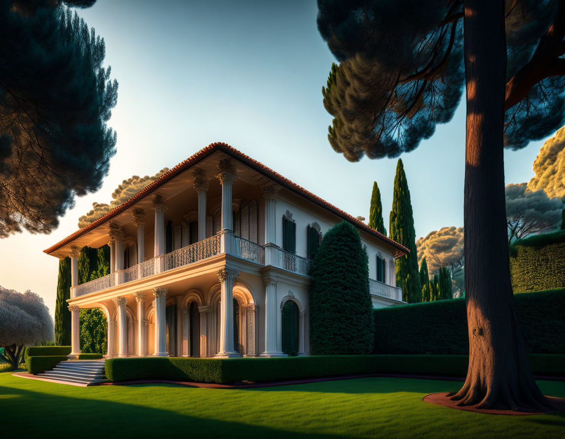 Luxurious villa with classic columns in golden sunlight and lush gardens