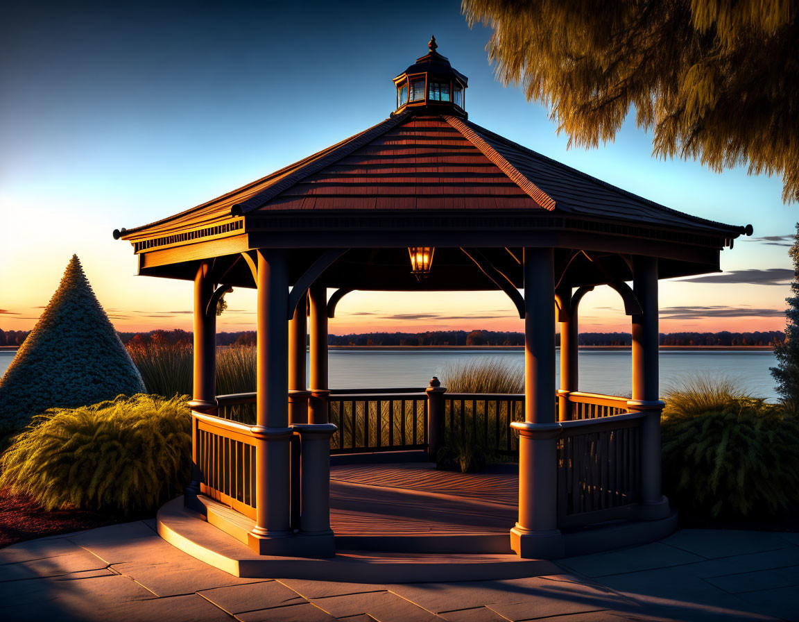 Scenic wooden gazebo at sunset by a lake with warm lighting