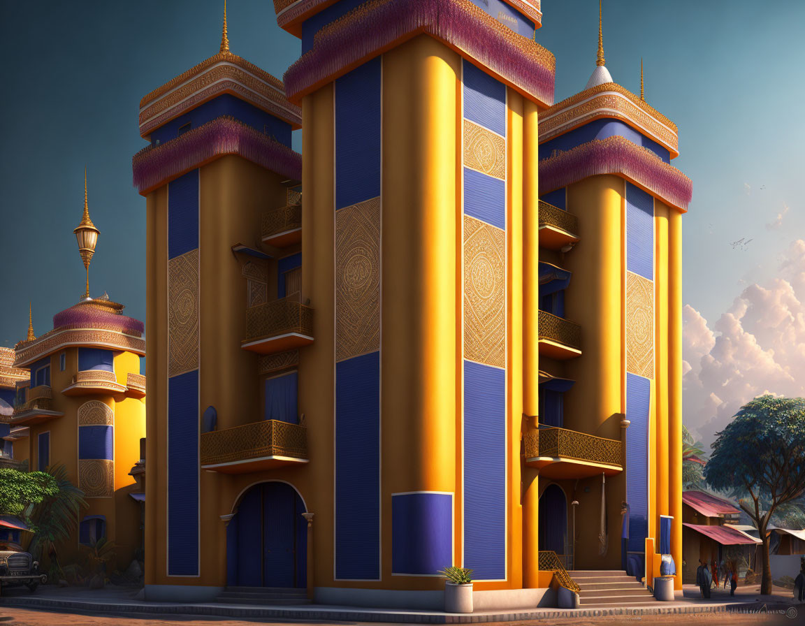 Stylized building with blue and gold facades and intricate patterns